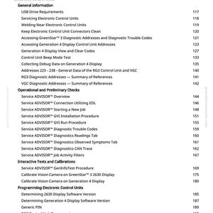 May include: A page from a manual with a table of contents. The document lists topics such as "Diagnostic Tests and Adjustments", "Electronic Control Units", and "Interactive Tests and Calibrations". The page numbers are listed on the right.