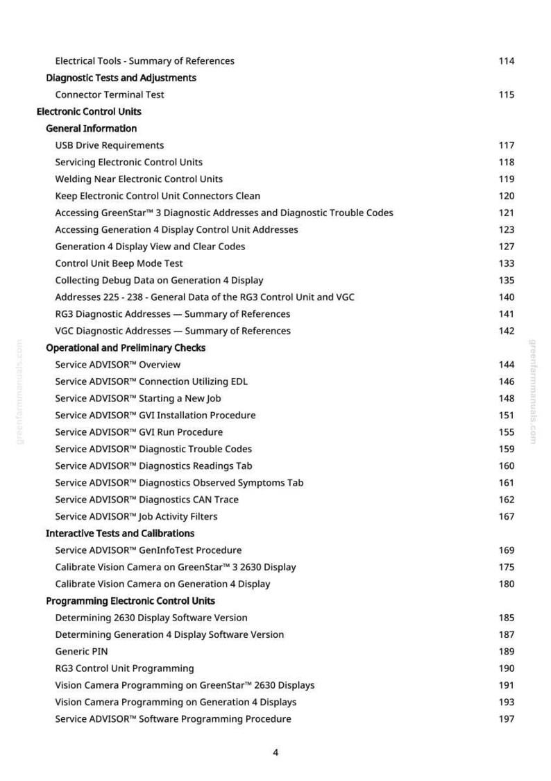 May include: A page from a manual with a table of contents. The document lists topics such as "Diagnostic Tests and Adjustments", "Electronic Control Units", and "Interactive Tests and Calibrations". The page numbers are listed on the right.