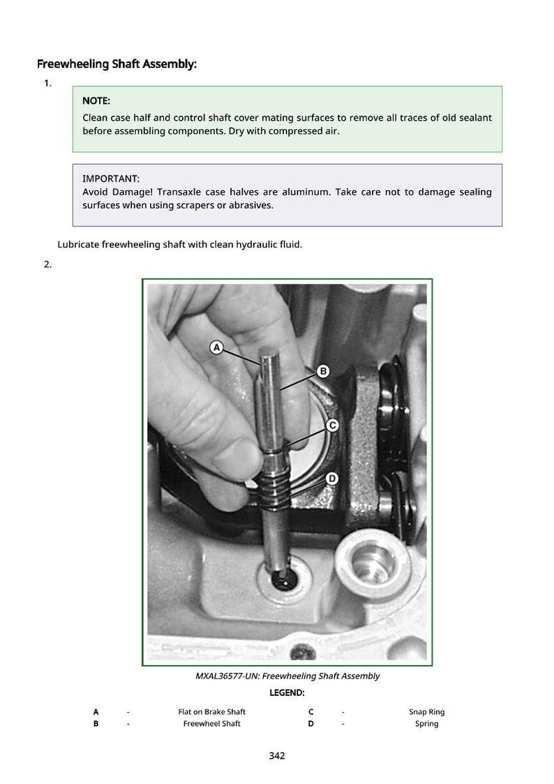 May include: An image from a manual showing a freewheeling shaft assembly. The image includes a close-up of a hand holding a tool inserting it into a mechanical component. Text in the image provides instructions and warnings for the assembly process.