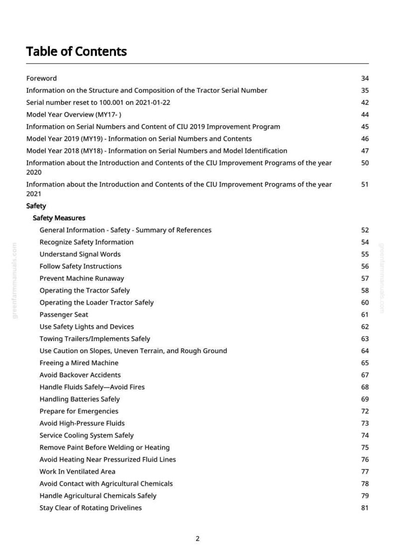 May include: A white page with a black table of contents for a tractor manual. The table lists topics such as safety measures, serial numbers, and operating procedures. The page number is 2.