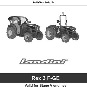 K&ouml;nnte beinhalten: Ein Servicehandbuch-Cover mit zwei schwarzen Traktoren. Der obere Teil des Bildes enth&auml;lt den Text "ARGOTRACTORS Quality Work. Quality Life." Unter den Traktoren befindet sich das "Landini"-Logo. Der untere Teil des Bildes enth&auml;lt den Text "Rex 3 F-GE Valid for Stage V engines SERVICE MANUAL EDITION 02-2022 P/N 6686763A1."