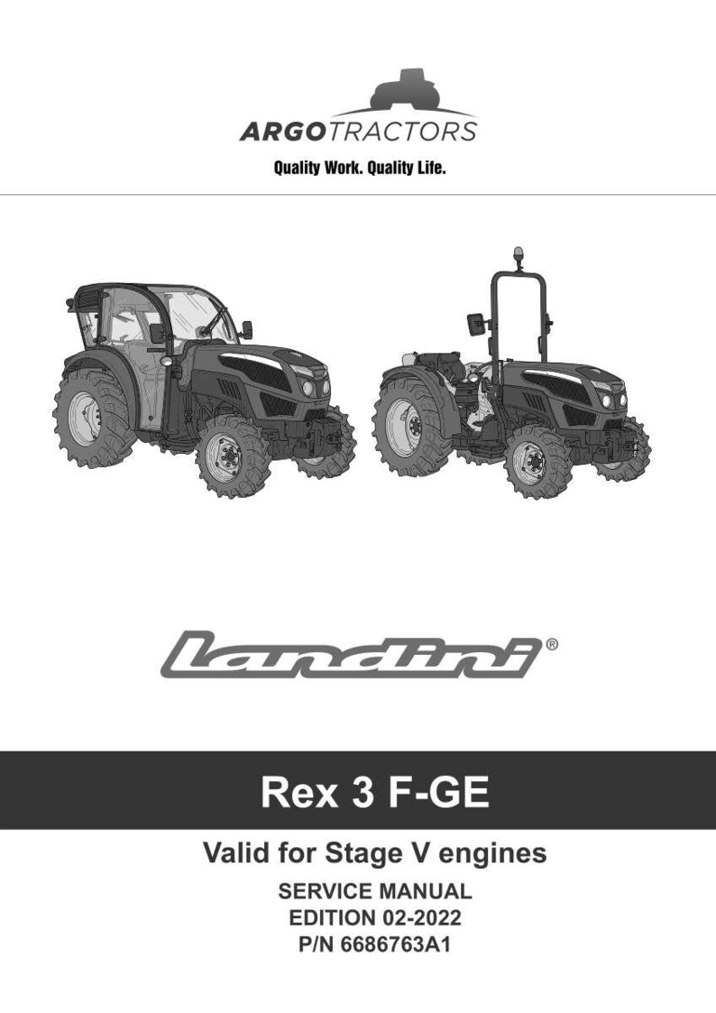 K&ouml;nnte beinhalten: Ein Servicehandbuch-Cover mit zwei schwarzen Traktoren. Der obere Teil des Bildes enth&auml;lt den Text "ARGOTRACTORS Quality Work. Quality Life." Unter den Traktoren befindet sich das "Landini"-Logo. Der untere Teil des Bildes enth&auml;lt den Text "Rex 3 F-GE Valid for Stage V engines SERVICE MANUAL EDITION 02-2022 P/N 6686763A1."