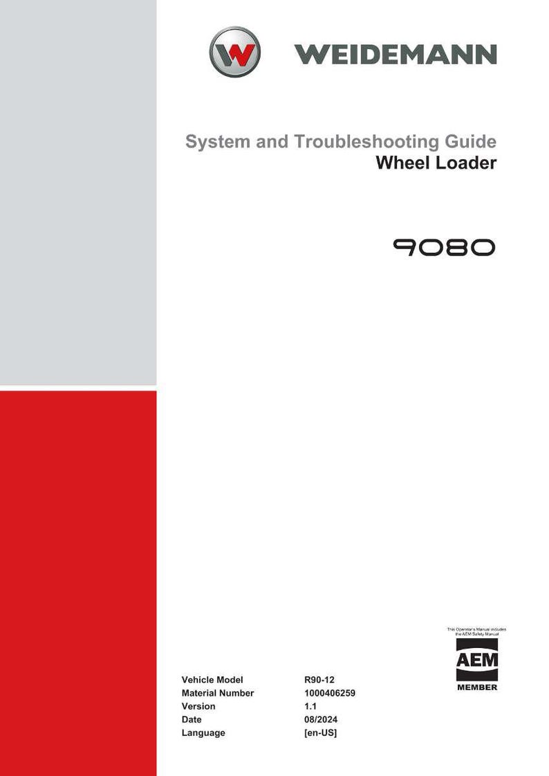 May include: A white document with the Weidemann logo and the text "System and Troubleshooting Guide Wheel Loader". The document includes the model number R90-12 and version 1.1.