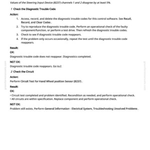 Pu&ograve; includere: Un documento bianco con testo nero che descrive le procedure diagnostiche per un dispositivo di ingresso dello sterzo. Il documento include i passaggi per la verifica dei codici di errore diagnostici e del circuito, con risultati OK e NON OK. Il documento proviene da greenfarmmanuals.com.