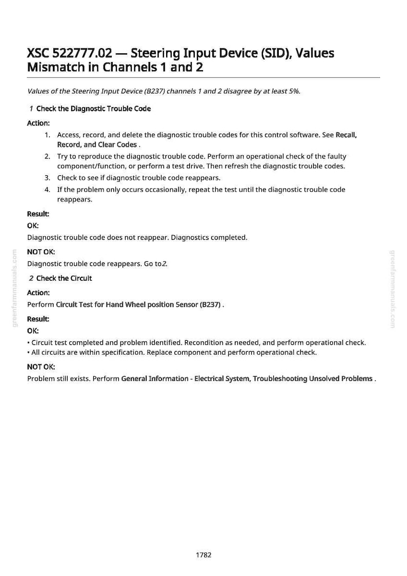 Pu&ograve; includere: Un documento bianco con testo nero che descrive le procedure diagnostiche per un dispositivo di ingresso dello sterzo. Il documento include i passaggi per la verifica dei codici di errore diagnostici e del circuito, con risultati OK e NON OK. Il documento proviene da greenfarmmanuals.com.