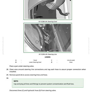 May include: Diagram of steering components, including a panel, steering cowl, and steering line with hoses. The image includes labels A, B, C, and D, and instructions for maintenance and repair.