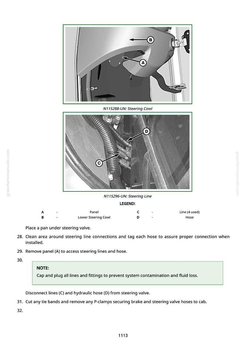 May include: Diagram of steering components, including a panel, steering cowl, and steering line with hoses. The image includes labels A, B, C, and D, and instructions for maintenance and repair.