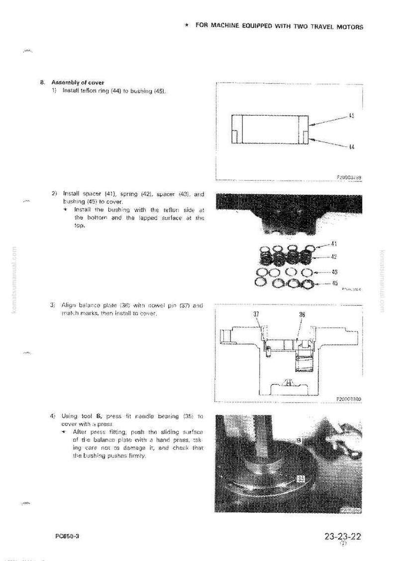 Pode incluir: Diagrama de instru&ccedil;&otilde;es de montagem da m&aacute;quina com etiquetas e n&uacute;meros de pe&ccedil;as. Inclui ilustra&ccedil;&otilde;es de componentes como an&eacute;is de teflon, espa&ccedil;adores, molas e placas de equil&iacute;brio. O texto diz: "PARA M&Aacute;QUINA EQUIPADA COM DOIS MOTORES DE DESLOCAMENTO."
