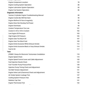 May include: A white-background page from a manual with a table of contents for an engine. The text includes sections on engine operation, diagnostic information, and various tests. Page numbers are listed on the right.