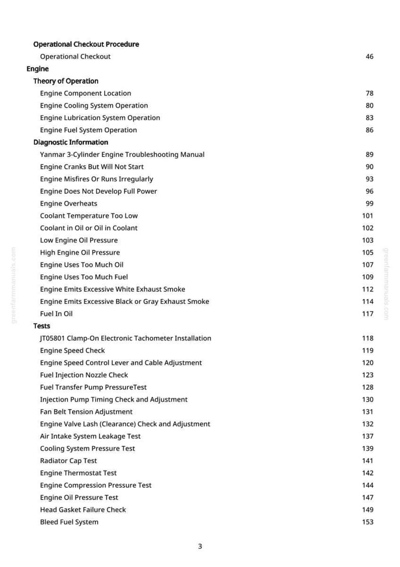 May include: A white-background page from a manual with a table of contents for an engine. The text includes sections on engine operation, diagnostic information, and various tests. Page numbers are listed on the right.