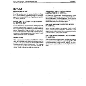 May include: A manual page detailing engine repair procedures. Key sections include "Outline," "Repair Guideline," and safety instructions. The text is in black on a white background.