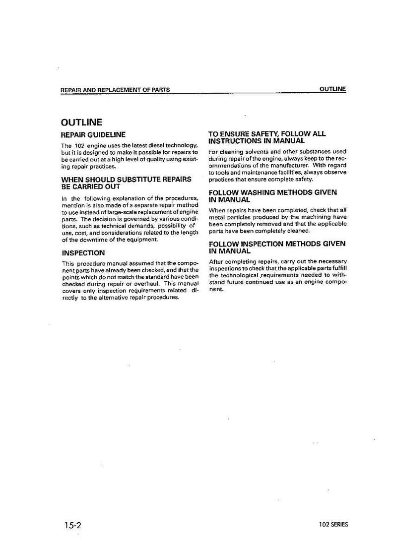 May include: A manual page detailing engine repair procedures. Key sections include "Outline," "Repair Guideline," and safety instructions. The text is in black on a white background.