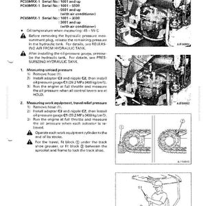 May include: A technical diagram from a manual detailing hydraulic pressure testing and adjustment procedures for work equipment. The image includes text, diagrams, and illustrations of machinery components and testing steps.