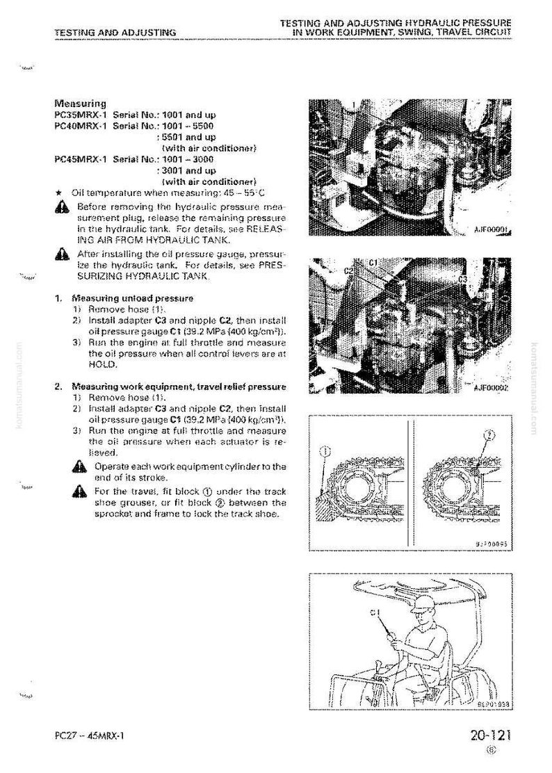 May include: A technical diagram from a manual detailing hydraulic pressure testing and adjustment procedures for work equipment. The image includes text, diagrams, and illustrations of machinery components and testing steps.