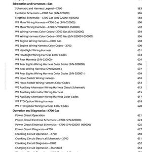 May include: A detailed table of contents from a manual, listing various gas engine components, schematics, harnesses, and diagnostic procedures. The text includes specific part numbers and circuit details.