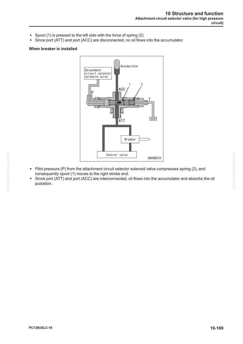 Pode incluir: Diagrama de uma v&aacute;lvula seletora de circuito de fixa&ccedil;&atilde;o, rotulada para circuitos de alta press&atilde;o. O diagrama inclui r&oacute;tulos para o acumulador, o disjuntor e a v&aacute;lvula de controle, com setas indicando o fluxo e a fun&ccedil;&atilde;o. O texto explica a estrutura e a fun&ccedil;&atilde;o da v&aacute;lvula.