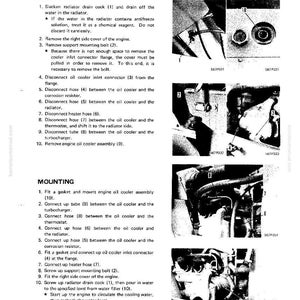 Puede incluir: Un diagrama t&eacute;cnico en blanco y negro de un manual de Komatsu, que detalla el desmontaje y montaje de un enfriador de aceite del motor. El texto incluye instrucciones para desmontar y montar el enfriador, con pasos numerados e im&aacute;genes correspondientes.