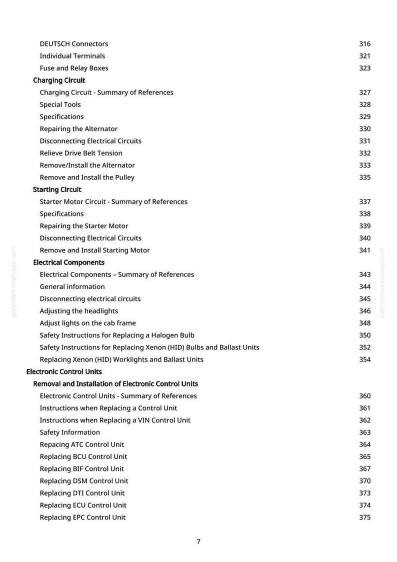 May include: A manual page showing a table of contents with headings such as 'Charging Circuit' and 'Electronic Control Units'. Page numbers are listed on the right-hand side.