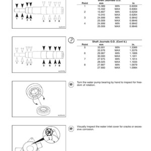 Op de afbeelding: Technische diagrammen met afmetingen voor waterpompasschachtjournals in mm en inches. Instructies voor het inspecteren van lagers en de waterinlaatdeksel op corrosie zijn inbegrepen.