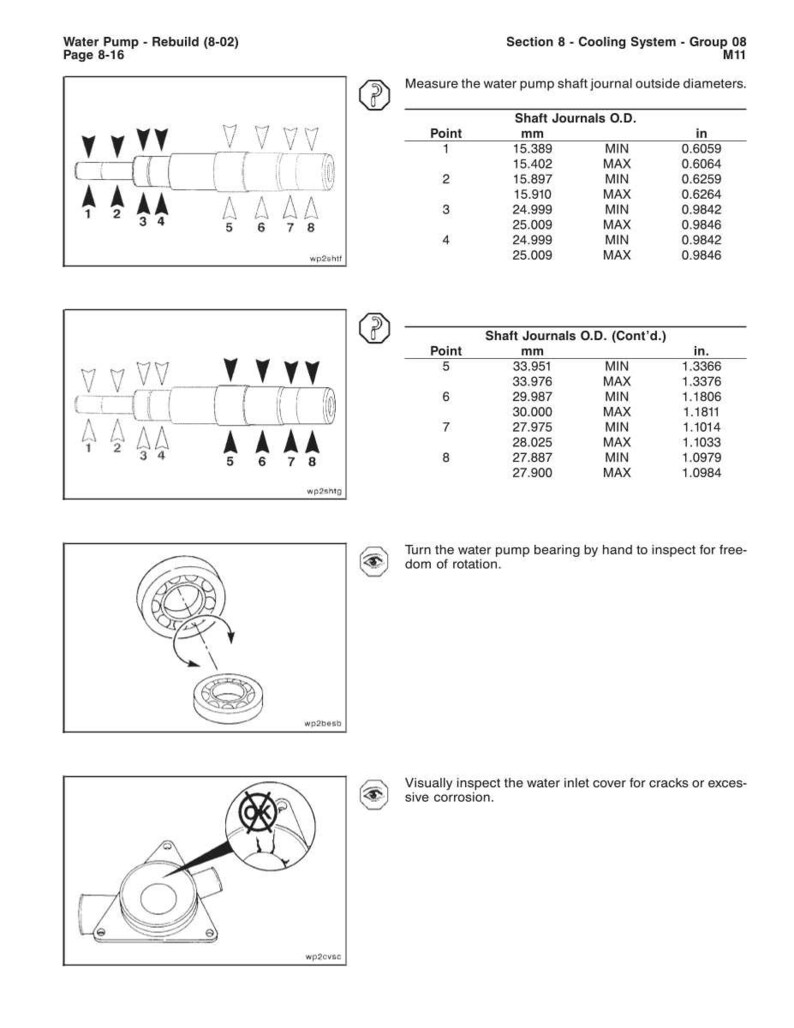 Op de afbeelding: Technische diagrammen met afmetingen voor waterpompasschachtjournals in mm en inches. Instructies voor het inspecteren van lagers en de waterinlaatdeksel op corrosie zijn inbegrepen.