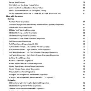 May include: A detailed table of contents from a manual, featuring various diagnostic and service topics. The text is black on a white background, with headings and subheadings for easy navigation. Topics include electrical, hydraulics, and more.