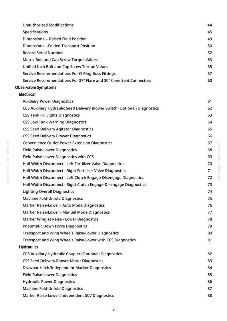 May include: A detailed table of contents from a manual, featuring various diagnostic and service topics. The text is black on a white background, with headings and subheadings for easy navigation. Topics include electrical, hydraulics, and more.