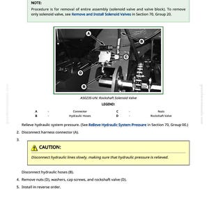 Puede incluir: Diagrama que ilustra la extracci&oacute;n e instalaci&oacute;n de un conjunto de v&aacute;lvula solenoide de eje basculante. La imagen incluye un diagrama detallado con componentes etiquetados, incluyendo conectores, mangueras hidr&aacute;ulicas y tuercas, junto con precauciones de seguridad e instrucciones paso a paso.