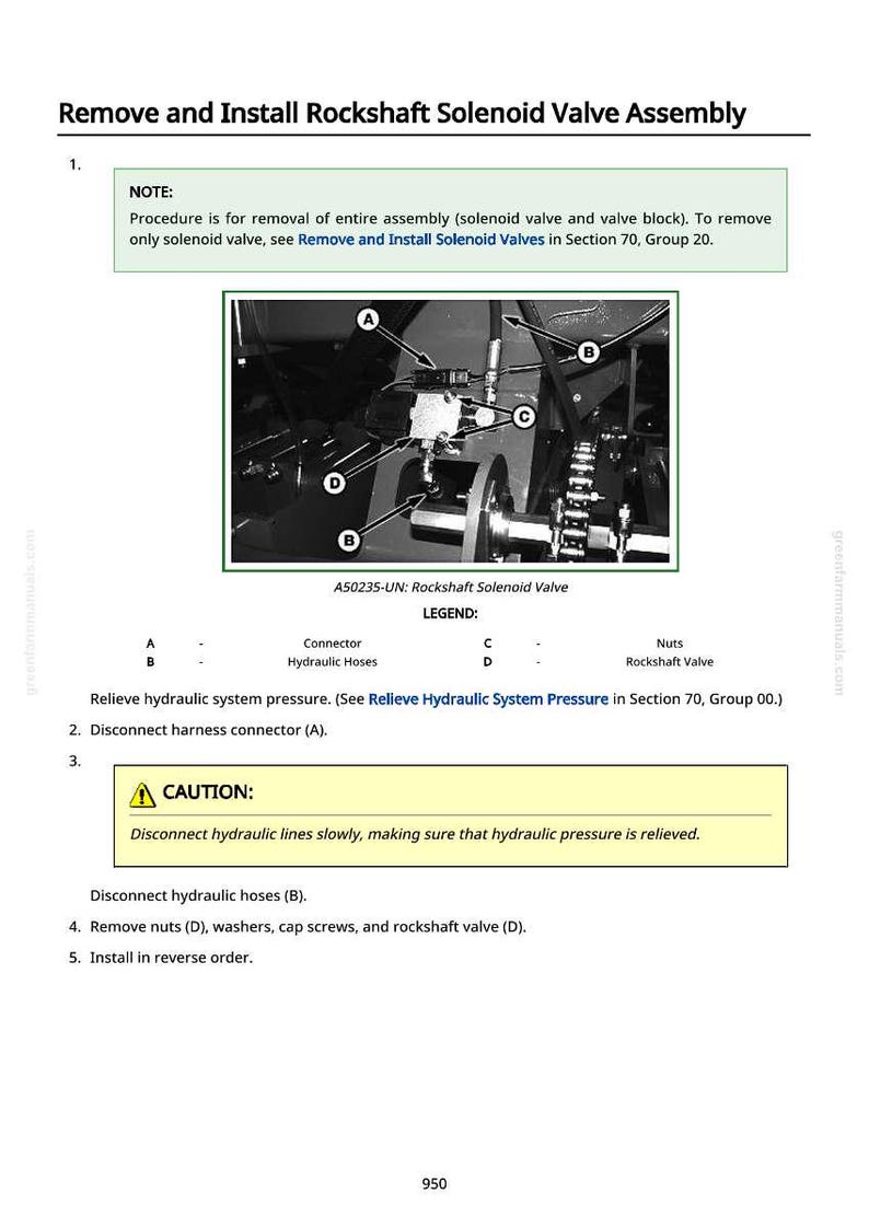 Puede incluir: Diagrama que ilustra la extracci&oacute;n e instalaci&oacute;n de un conjunto de v&aacute;lvula solenoide de eje basculante. La imagen incluye un diagrama detallado con componentes etiquetados, incluyendo conectores, mangueras hidr&aacute;ulicas y tuercas, junto con precauciones de seguridad e instrucciones paso a paso.