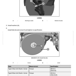 May include: Diagram of agricultural machinery components, including a disk, screws, and washers. The image includes labels and specifications for installation and torque measurements in lb-ft and N-m.