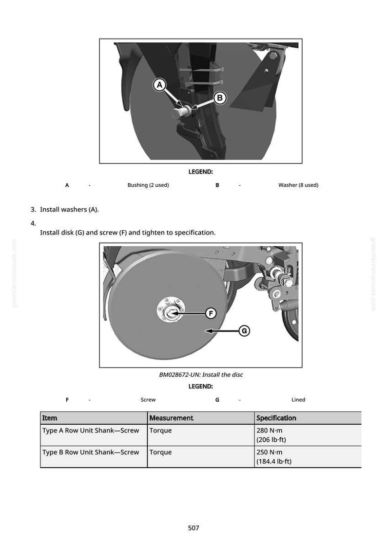 May include: Diagram of agricultural machinery components, including a disk, screws, and washers. The image includes labels and specifications for installation and torque measurements in lb-ft and N-m.