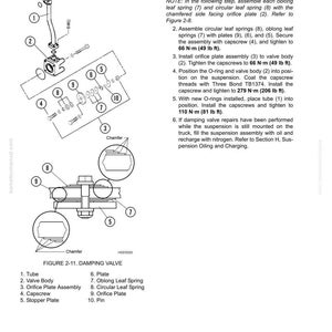 May include: An exploded diagram of a damping valve assembly, including a tube, valve body, orifice plate, and various springs and plates. The diagram includes measurements in lb ft and a parts list.