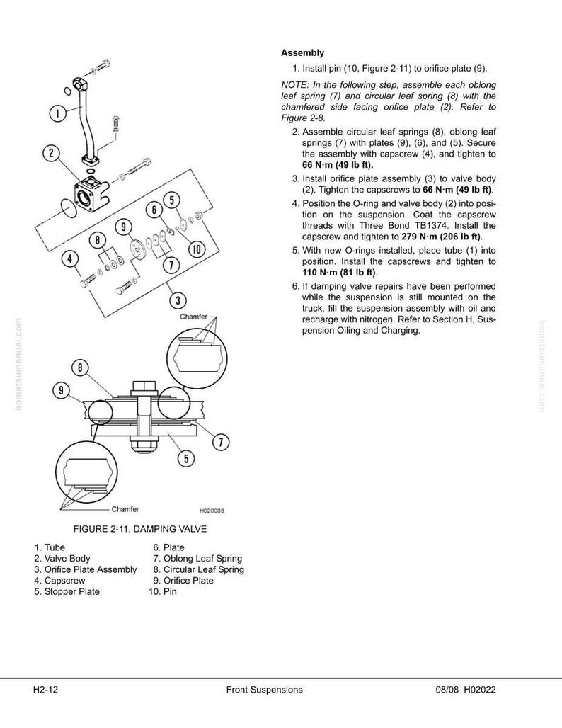 May include: An exploded diagram of a damping valve assembly, including a tube, valve body, orifice plate, and various springs and plates. The diagram includes measurements in lb ft and a parts list.