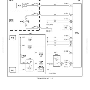 Pu&ograve; includere: Un diagramma elettrico con etichette e linee, inclusi componenti come F105, K101 e S21. Il diagramma presenta testo come "Schema elettrico" e "BCU - PTO". L'immagine &egrave; un'illustrazione tecnica.