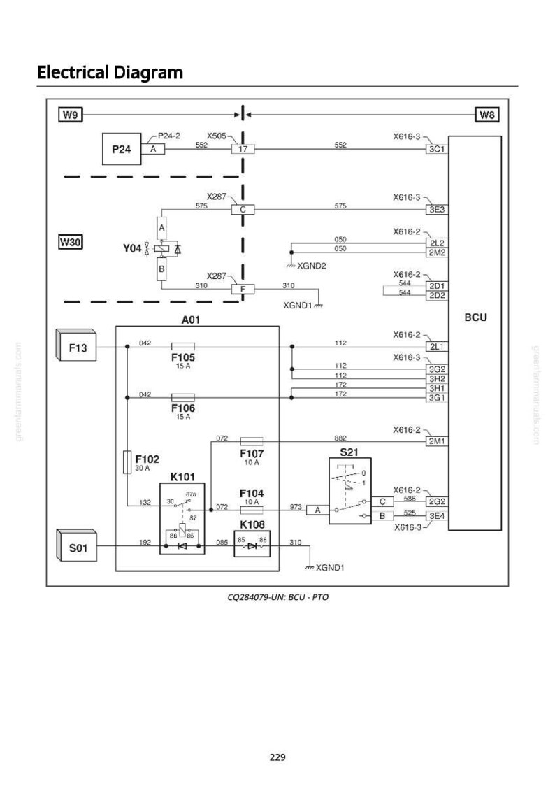 Pu&ograve; includere: Un diagramma elettrico con etichette e linee, inclusi componenti come F105, K101 e S21. Il diagramma presenta testo come "Schema elettrico" e "BCU - PTO". L'immagine &egrave; un'illustrazione tecnica.