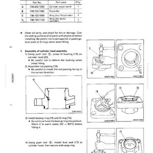 May include: Diagram of lift and dump cylinders assembly with part numbers and names. Includes illustrations of the assembly process, showing tools and components like the cylinder repair stand, expander, and various rings. Instructions are also provided.