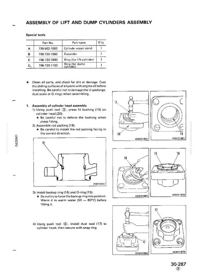 May include: Diagram of lift and dump cylinders assembly with part numbers and names. Includes illustrations of the assembly process, showing tools and components like the cylinder repair stand, expander, and various rings. Instructions are also provided.