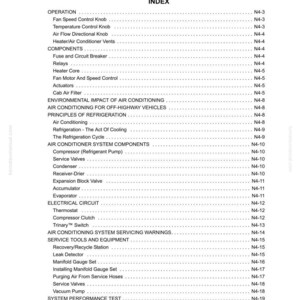 K&ouml;nnte beinhalten: Eine wei&szlig;e Seite aus einem Handbuch mit dem Titel "SECTION N4 HEATER / AIR CONDITIONER INDEX". Das Inhaltsverzeichnis listet verschiedene Komponenten und Operationen auf, darunter L&uuml;fterbedienkn&ouml;pfe, L&uuml;ftungsschlitze und Werkzeuge. Die Seite hat eine Kopf- und Fu&szlig;zeile mit zus&auml;tzlichen Informationen.