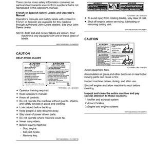 May include: A page from an operator's manual with safety labels and instructions. The text includes warnings about rotating blades and fire hazards, along with a list of safety precautions and inspection points for the machine.