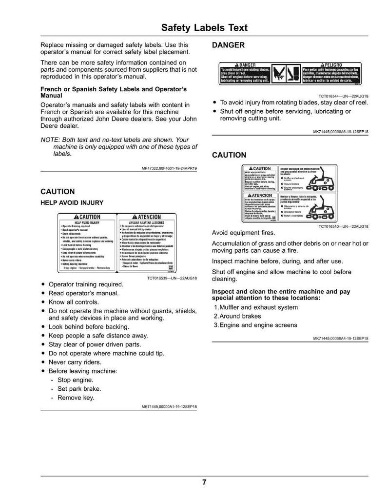 May include: A page from an operator's manual with safety labels and instructions. The text includes warnings about rotating blades and fire hazards, along with a list of safety precautions and inspection points for the machine.