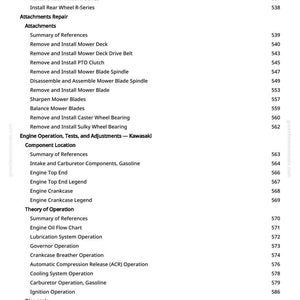 May include: A page from a manual with a table of contents. The text includes topics like "Attachments Repair", "Engine Operation", and "Diagnosis". Page numbers are listed to the right of each topic.