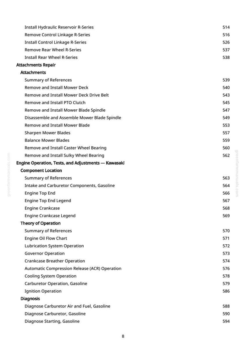 May include: A page from a manual with a table of contents. The text includes topics like "Attachments Repair", "Engine Operation", and "Diagnosis". Page numbers are listed to the right of each topic.