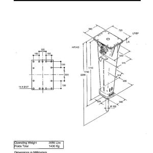 Op de afbeelding: Technische tekening van een Komatsu JPB2200V model. Het diagram bevat afmetingen in millimeters, met een bedrijfsgewicht van 1400 kg. De afbeelding toont een gedetailleerde illustratie van de machine met diverse metingen.