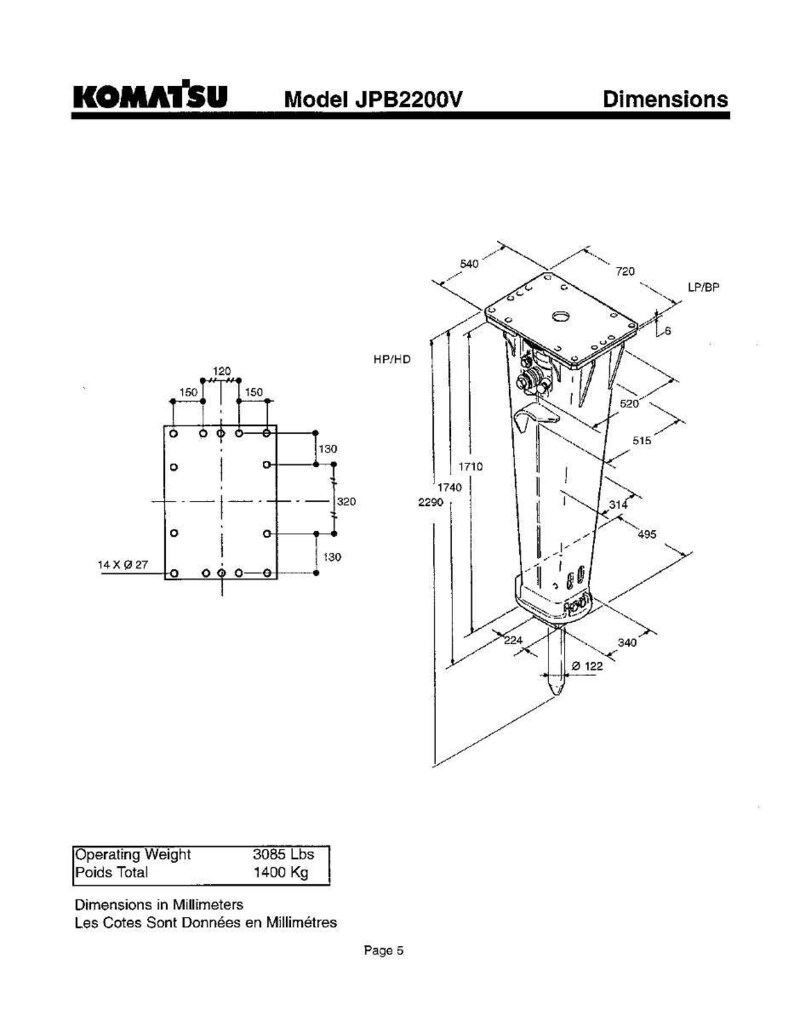 Op de afbeelding: Technische tekening van een Komatsu JPB2200V model. Het diagram bevat afmetingen in millimeters, met een bedrijfsgewicht van 1400 kg. De afbeelding toont een gedetailleerde illustratie van de machine met diverse metingen.