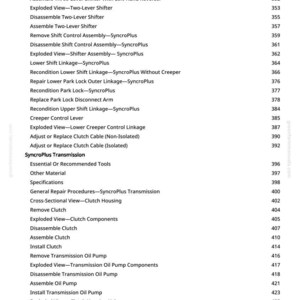 May include: A page from a manual with a list of automotive repair procedures, including clutch, shifter, and transmission components. The text is black on a white background, with page numbers on the right.