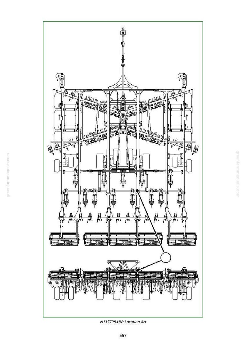 May include: Line drawing of a large agricultural machine, likely a planter or seeder, with multiple rows of planting units. The design is complex, showing various mechanical components and a central support structure. The image includes the text "N117798-UN: Location Art" and the number "557".