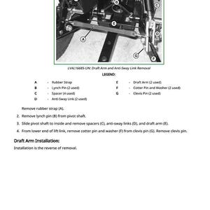 K&ouml;nnte beinhalten: Diagramm einer mechanischen Baugruppe mit beschrifteten Teilen: Gummiriemen, Splint, Abstandshalter, Pendelstrebe, Zugarm, Splint und Gabelkopfstift. Text mit Aus- und Einbauschritten.