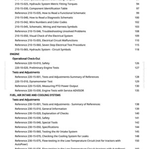 K&ouml;nnte beinhalten: Ein detailliertes Inhaltsverzeichnis aus einem Handbuch mit verschiedenen technischen Referenzen und Verfahren. Der Text umfasst Themen wie Hydrauliksysteme, Stromkreise, Motortests und Kraftstoffsysteme. Die Seitenzahlen befinden sich auf der rechten Seite.