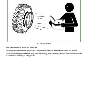 May include: An illustration with the text "Follow Tire Recommendations". It shows a tire, a person reading a manual, and the text "H111235-UN: Read OM". The image is a guide for tire maintenance.