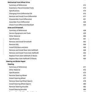 May include: A page from a greenfarmmanuals.com manual, listing automotive repair procedures. Topics include differential, axles, driveshaft, steering, and brake repair. The text is black on a white background.
