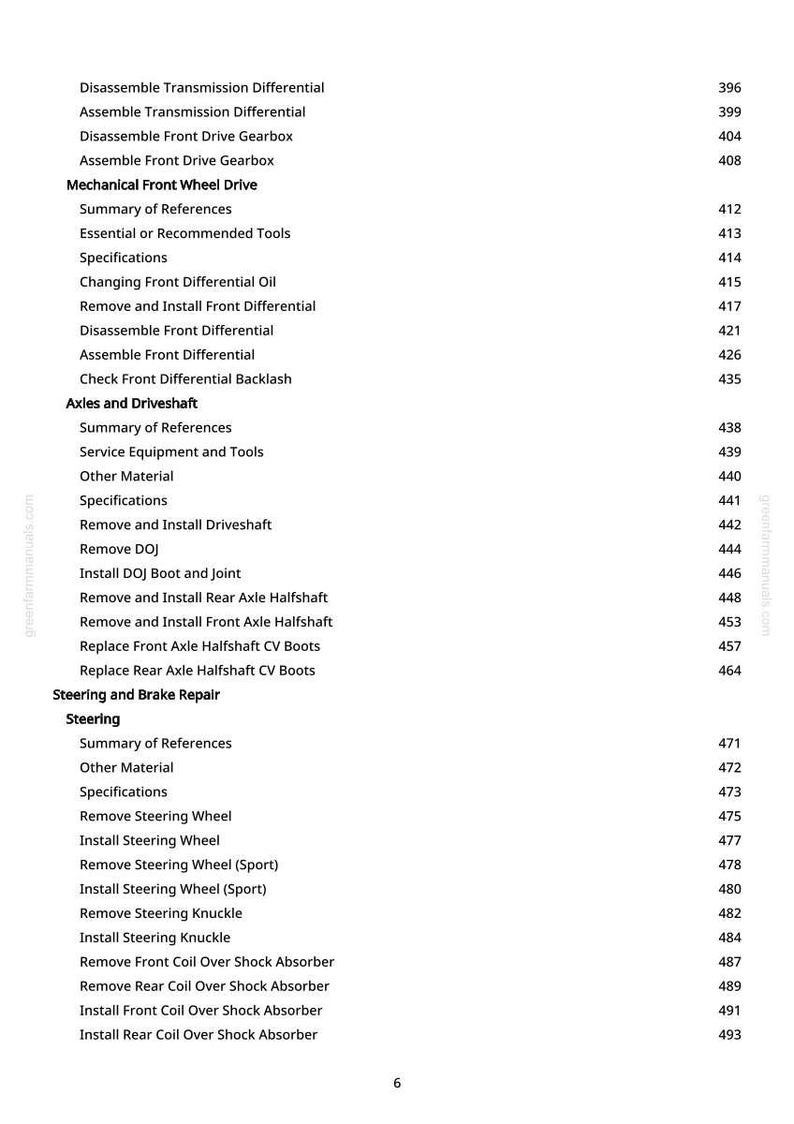 May include: A page from a greenfarmmanuals.com manual, listing automotive repair procedures. Topics include differential, axles, driveshaft, steering, and brake repair. The text is black on a white background.